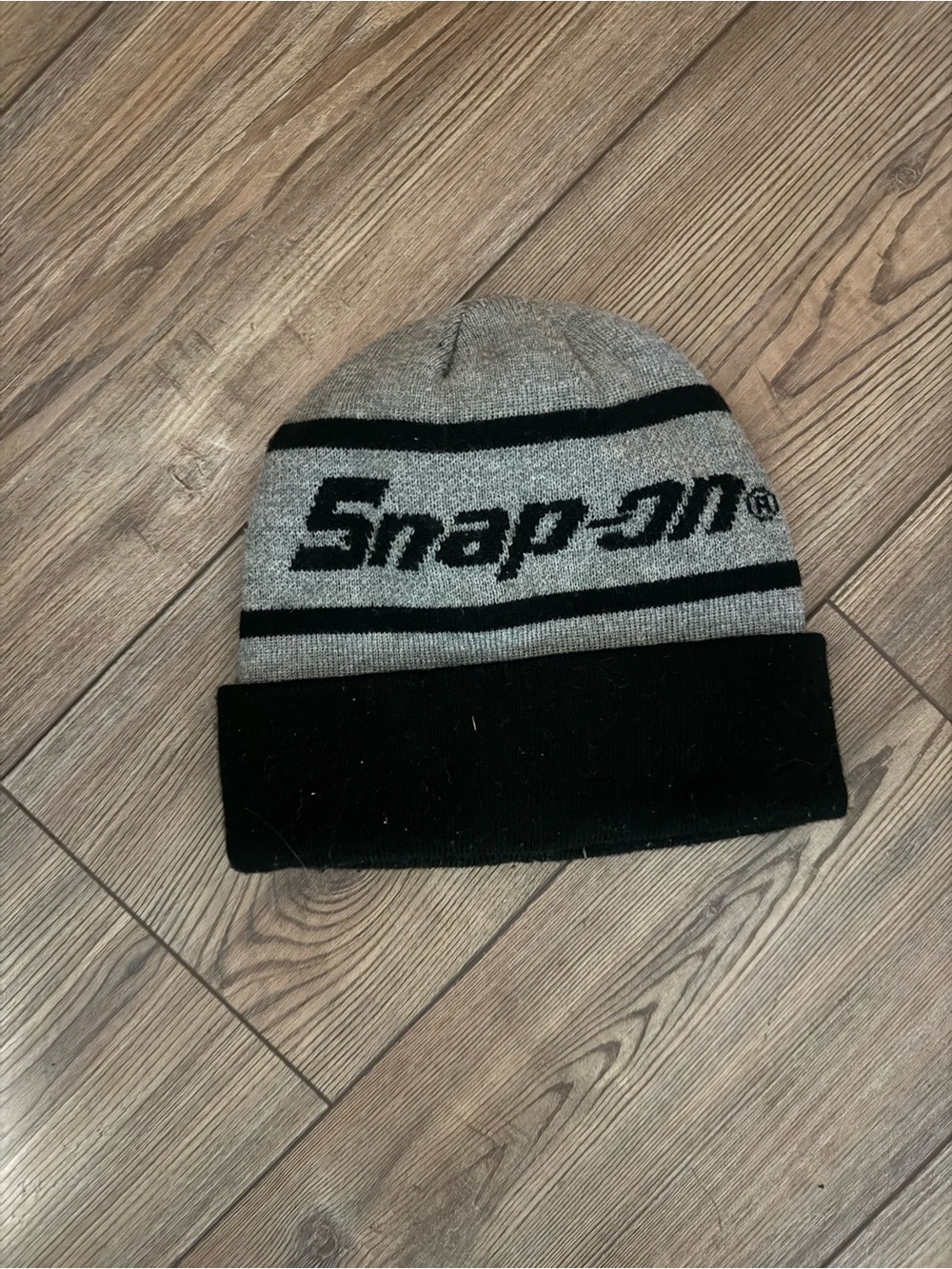 Snap Two-Tone Knit Beanie Hat in Gray and Black